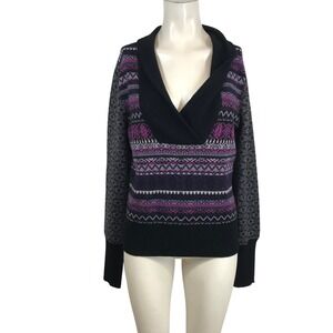 Icelandic Design Womens 100% Wool Fair Isle Shawl Collar Sweater Purple Black M